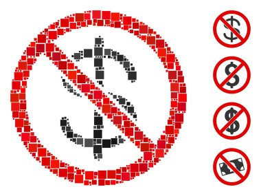 Kolaj: Rastgele boyutlarda ve renk renklerinde kare elementlerden düzenlenmiş dolar birimi simgesi yok. Vektör kare elementler soyut kolaj içinde dolar para birimi simgesi yok. İkramiye simgeleri yerleştirildi.