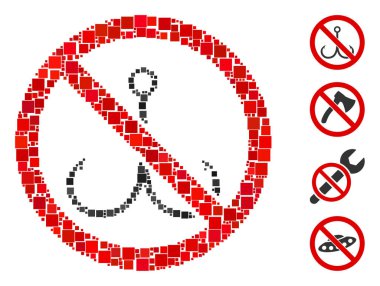 Mozaik. Farklı boyutlarda ve renklerde kare elementlerden oluşan bir balıkçılık ikonu yok. Vektör kare elementler soyut illüstrasyonla oluşturulur. Balıkçılık simgesi olmaz. İkramiye simgeleri yerleştirildi.