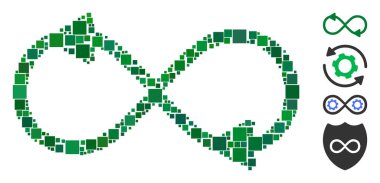 Kolaj Sonsuz hareket simgesi çeşitli boyutlarda ve renk renklerinde kare ögelerden inşa edilmiştir. Vektör kare ögeleri soyut kolaj sonsuz hareket simgesi olarak düzenlenir. İkramiye simgeleri yerleştirildi.