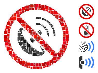 Kolaj Değişken boyutlarda ve renk renklerinde kare ögelerden inşa edilmiş radyo vericisi simgesi yok. Vektör kare ögeleri soyut bileşim olarak birleştirilir. Radyo iletici simgesi yok.