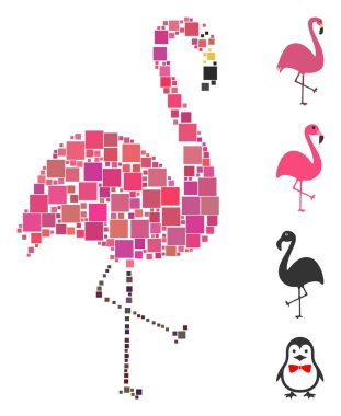 Kolaj Flamingo kuş simgesi rastgele boyutlarda ve renk renklerinde kare elementlerden birleşti. Vektör kare elementler soyut illüstrasyon flamingo kuş simgesi olarak birleştirilir. İkramiye simgeleri yerleştirildi.