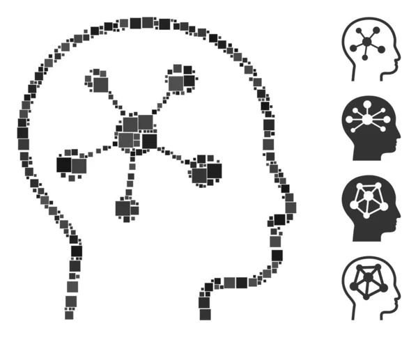 Collage Head Ikona Mózgu Zorganizowane Elementów Kwadratowych Różnych Rozmiarach Odcieniach — Wektor stockowy