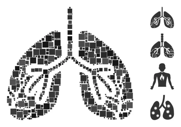 Kolaż Płuca Rak Ikona Zorganizowana Elementów Kwadratowych Różnych Rozmiarach Odcieniach — Wektor stockowy