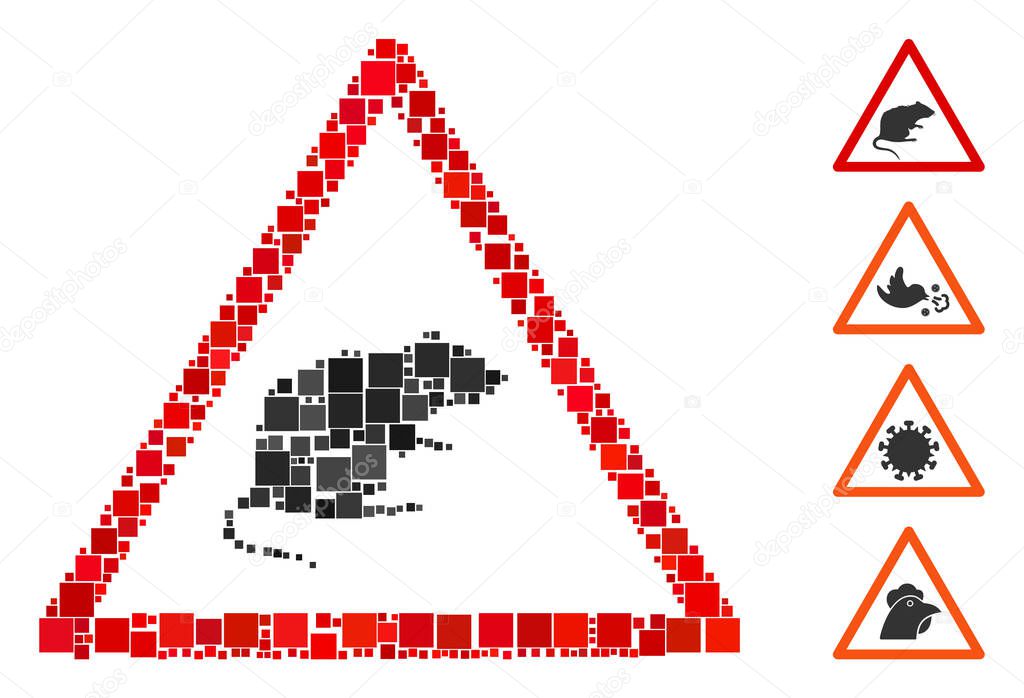 Mosaic Rat warning icon united from square elements in variable sizes and color hues. Vector square items are united into abstract composition rat warning icon. Bonus pictograms are placed.