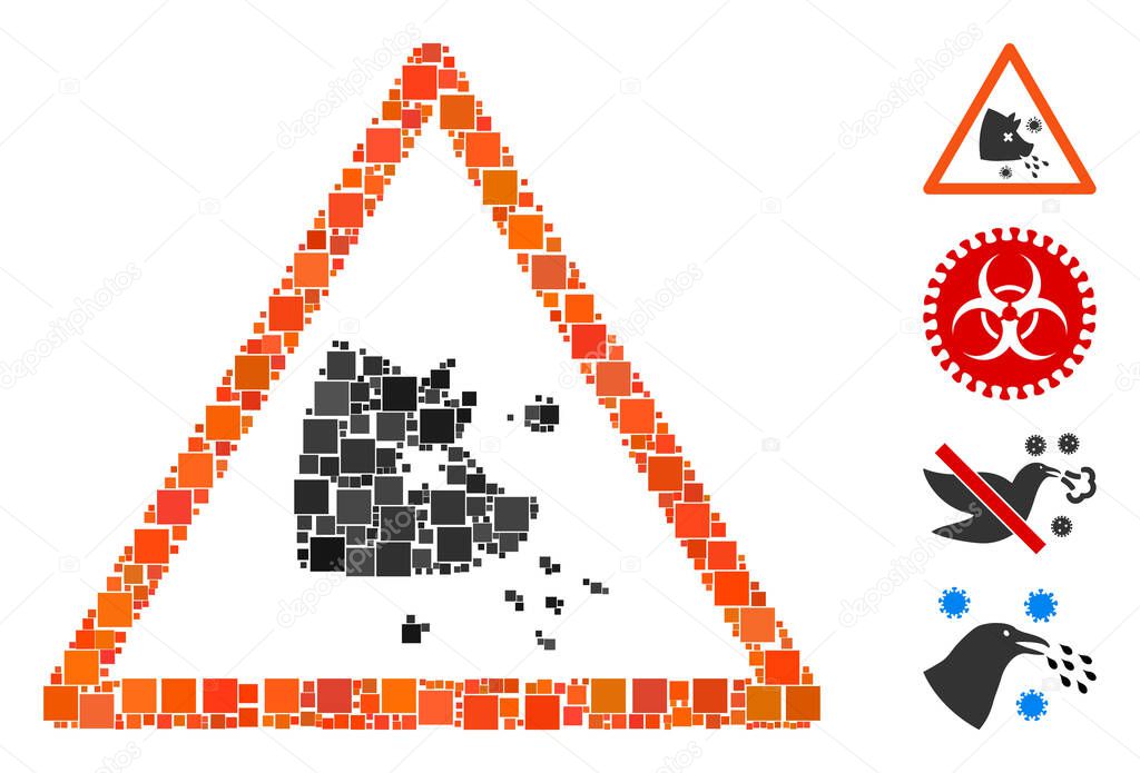 Collage Swine flu warning icon organized from square items in various sizes and color hues. Vector square elements are combined into abstract collage swine flu warning icon. Bonus pictograms are added.