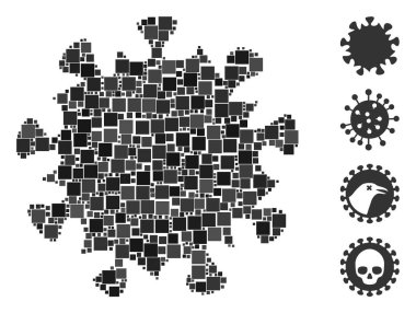 Mozaik MERS virüs simgesi değişken boyutlarda ve renk renklerinde kare elementlerden oluşur. Vektör karesi elementleri soyut mozaik MERS virüs ikonu olarak birleştirilir. İkramiye piktogramları yerleştirildi.