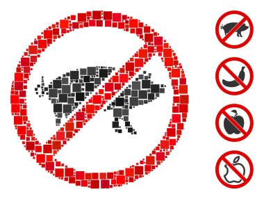 Kolaj Durdurun domuz ikonu çeşitli boyutlarda ve renk renklerinde kare elementlerden düzenlenmiştir. Vektör karesi elementleri soyut kolaj durdurma ikonu olarak birleştirilir. İkramiye simgeleri yerleştirildi.