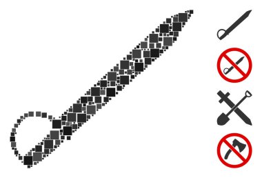 Değişken boyutlarda ve renk renklerinde kare ögelerden oluşan Mozaik Kılıç simgesi. Vektör kare ögeleri soyut bileşim kılıç simgesi olarak oluşturulur. İkramiye piktogramları yerleştirildi.