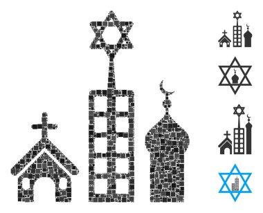 Mozaik Zion şehir simgesi çeşitli boyutlarda ve renk renklerinde kare elementlerden organize edildi. Vektör kare elementleri soyut illüstrasyon Zion şehir simgesi olarak düzenlenmiştir. İkramiye piktogramları yerleştirildi.