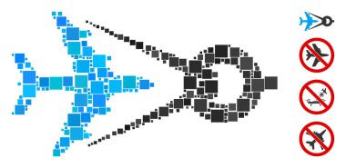 Kolaj Uçağı proje simgesi rastgele boyutlarda ve renk renklerinde kare ögelerden oluşur. Vektör kare ögeler soyut mozaik uçak proje ikonu olarak oluşturulur. İkramiye simgeleri yerleştirildi.