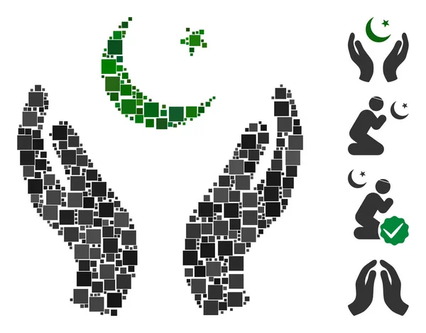 马赛克祈祷穆斯林的手图标由各种大小和颜色的正方形元素组成 矢量平方元素被排列成抽象的马赛克祈祷的穆斯林手图标 — 图库矢量图片