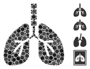 Rastgele boyutlar, pozisyonlar ve oranlarda küresel elementlerden organize edilmiş mozaik nefes alma sistemi simgesi. Vektör küresel noktalar soyut illüstrasyon solunum sistemi simgesi olarak düzenlenir.