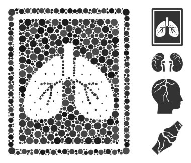 Mozaik akciğerler florografi ikonu farklı boyutlarda, pozisyonlarda ve oranlarda yuvarlak nesnelerden tasarlandı. Vektör yuvarlak ögeler soyut bileşim akciğerler florografi simgesi oluşturulur.
