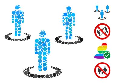 Farklı boyutlarda, pozisyonlarda ve oranlarda daire elemanlarından oluşan kolaj sosyal izolasyon ikonu. Vektör çemberi noktaları soyut kolaj sosyal izolasyon simgesi olarak gruplandırılır.