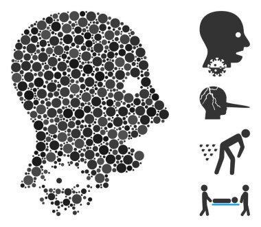 Rastgele boyut, pozisyon ve oranlarda yuvarlak elementlerden oluşan kolaj yarası ikonu. Vektör yuvarlak elementler soyut bileşim boğaz ağrısı ikonu olarak düzenlenir.