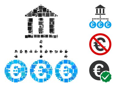 Mozaik Euro bankası işlem simgesi rastgele boyutlarda ve renk renklerinde kare elementlerden oluşur. Vektör kare elemanları soyut mozaik avro bankası işlem simgesi olarak düzenlenir.
