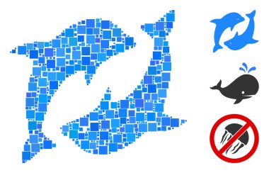 Kolaj Yunusları simgesi çeşitli boyutlarda ve renk renklerinde kare elementlerden düzenlenmiştir. Vektör kare elementler soyut kolaj yunusları simgesi olarak gruplandırılır. İkramiye simgeleri yerleştirildi.