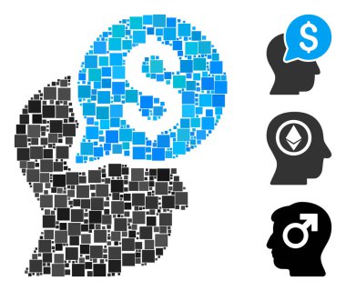 Kolaj İşadamı simgenin farklı boyutlarda ve renklerde kare ögelerden oluştuğunu düşünüyor. Vektör karesi ögeleri soyut kompozisyon işadamlarının ikonu olarak düşünmesi için birleştirilir. İkramiye simgeleri yerleştirildi.