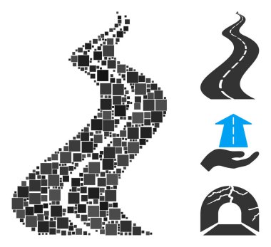 Mozaik Uzak Yol simgesi rastgele boyutlarda ve renk renklerinde kare elementlerden tasarlandı. Vektör kare elementler soyut mozaik uzak yol simgesi olarak düzenlenmiştir. İkramiye simgeleri yerleştirildi.