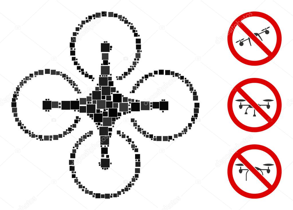 Collage Airdrone icon composed of square elements in various sizes and color hues. Vector square items are composed into abstract collage airdrone icon. Bonus icons are placed.