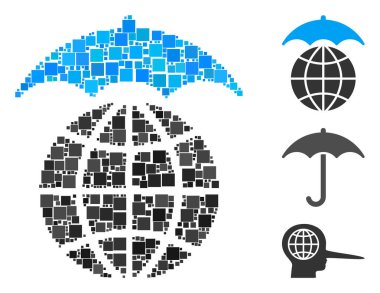 Mozaik Küresel şemsiye ikonu farklı boyutlarda ve renk renklerinde kare elementlerden tasarlandı. Vektör kare ögeleri soyut illüstrasyon küresel şemsiye simgesi olarak düzenlenir.