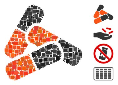 Kolaj Eczanesi hapları farklı boyutlarda ve renk renklerinde kare elementlerden oluşan bir ikon. Vektör kare ögeler soyut kolaj eczane hapları ikonu olarak birleştirilir. İkramiye simgeleri yerleştirildi.