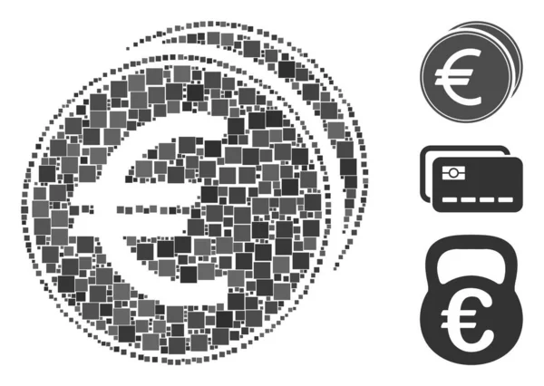 Collage Euro Monedas Icono Unido Elementos Cuadrados Tamaños Variables Tonos — Vector de stock