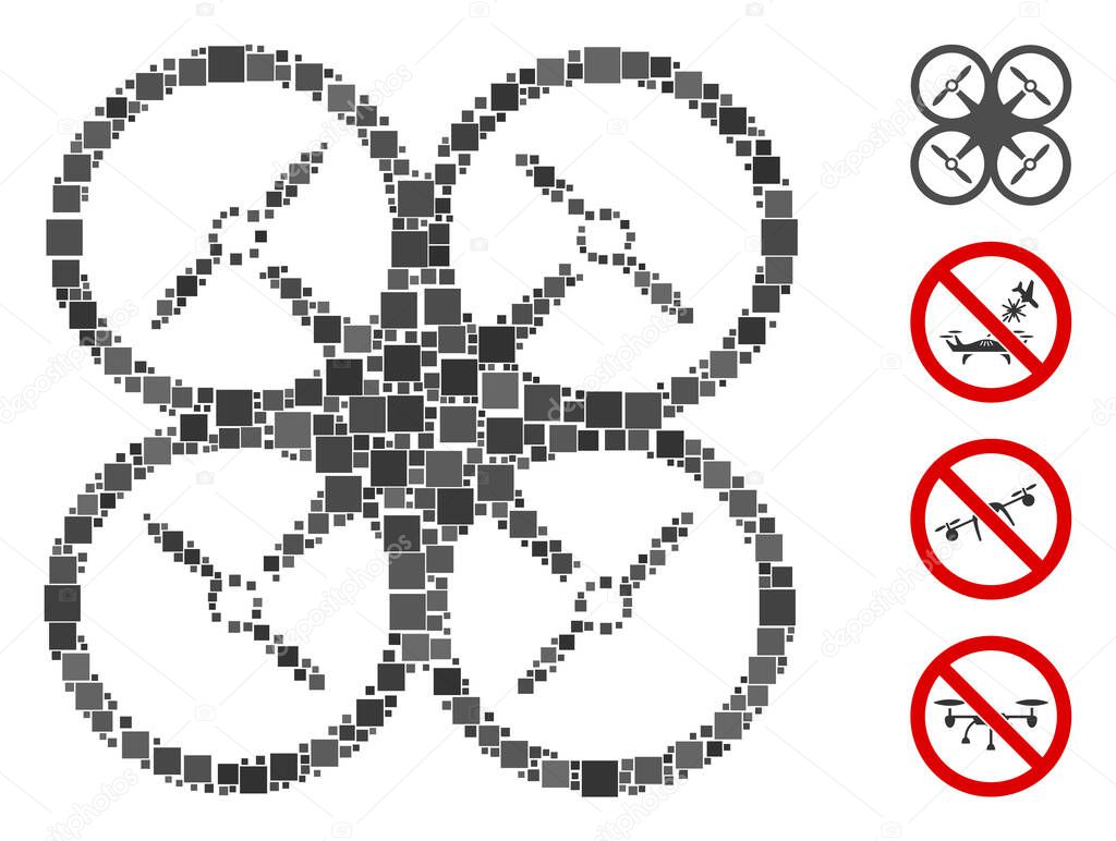 Mosaic Quadcopter icon composed of square items in variable sizes and color hues. Vector square items are combined into abstract mosaic quadcopter icon. Bonus pictograms are added.