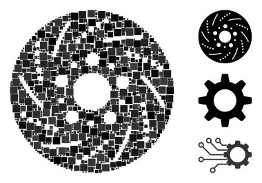 Rastgele boyutlarda ve renk tonlarında kare ögelerden tasarlanmış mozaik fren diski simgesi. Vektör kare ögeleri soyut mozaik fren diski simgesi olarak düzenlenir. İkramiye simgeleri yerleştirildi.