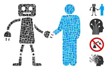 Mozaik Robot insan tokalaşma simgesi farklı boyutlarda ve renk renklerinde kare ögelerden birleşti. Vektör kare elementler soyut mozaik robot insan tokalaşma simgesi olarak birleşti.