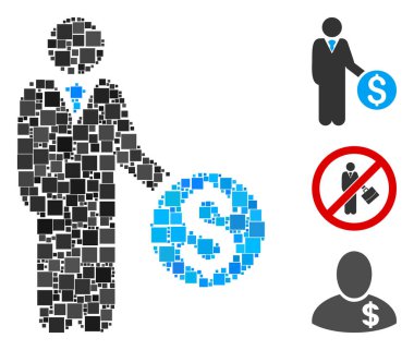 Kolaj bankacısı simgesi rastgele boyutlarda ve renk renklerinde kare ögelerle birleşti. Vektör kare ögeleri soyut kolaj bankacısı simgesi olarak oluşturulur. İkramiye piktogramları eklendi.