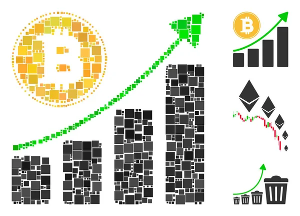 Коллаж Bitcoin Растущей Диаграммы Значок Разработан Квадратных Элементов Различных Размерах — стоковый вектор