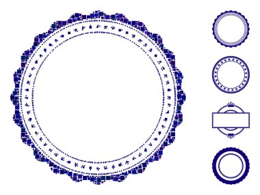 Kolaj Rosette dairesel yıldız çerçeve simgesi farklı boyutlarda ve renk renklerinde kare ögelerden inşa edilmiştir. Vektör kare ögeleri soyut kolaj roset dairesel yıldız çerçeve simgesi olarak birleştirilir.