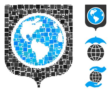 Mozaik Dünya kalkanı ikonu farklı boyutlarda ve renk renklerinde kare elementlerden birleşti. Vektör kare elementler soyut mozaik Dünya kalkan ikonu olarak gruplandırılır. İkramiye simgeleri yerleştirildi.