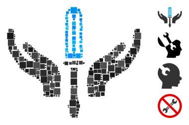 Kolaj Ayarlama tornavida bakım simgesi değişken boyutlarda ve renk renklerinde kare elementlerden oluşur. Vektör kare elementler soyut kolaj ayarlama tornavida bakım simgesi olarak birleştirilmiştir.