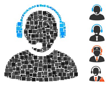 Kolaj Operatörü simgesi farklı boyutlarda ve renk renklerinde kare ögelerinden düzenlenmiştir. Vektör karesi parçaları soyut kolaj operatörü simgesi olarak birleştirilir. İkramiye piktogramları yerleştirildi.