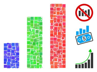 Mozaik Bar grafik simgesi farklı boyutlarda ve renk renklerinde kare ögelerden oluşur. Vektör kare ögeleri soyut mozaik bar çizelgesi simgesi olarak gruplandırılır. İkramiye piktogramları yerleştirildi.