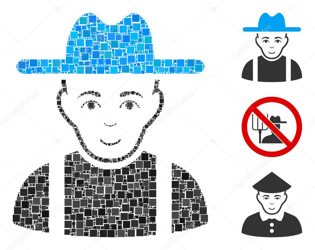 Mosaic Farmer guy icon united from square items in various sizes and color hues. Vector square items are united into abstract mosaic farmer guy icon. Bonus icons are placed.