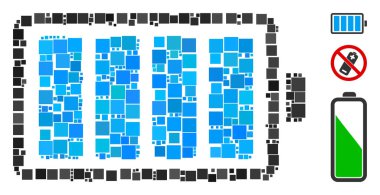 Değişken boyutlarda ve renk tonlarında kare ögelerden inşa edilmiş mozaik pil simgesi. Vektör kare ögeleri soyut kolaj pil ikonu olarak düzenlenir. İkramiye piktogramları eklendi.