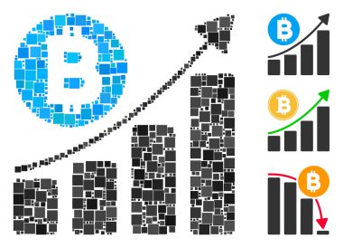 Mozaik Bitcoin bar tablosu simgesi rastgele boyutlarda ve renk renklerinde kare ögelerle birleştirildi. Vektör kare ögeleri soyut mozaik Bitcoin bar eğilimi simgesi olarak gruplandırılır. İkramiye simgeleri yerleştirildi.