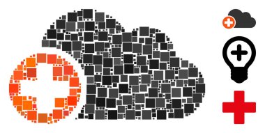 Mozaik farklı boyut ve renklerde kare ögelerden dizayn edilmiş bir bulut simgesi oluştur. Vektör kare ögeleri soyut mozaik oluşturulur ve bulut simgesi oluşturulur. İkramiye piktogramları eklendi.