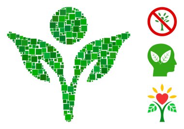 Değişken boyutlarda ve renk tonlarında kare ögelerden inşa edilmiş Mozaik Eko Adam simgesi. Vektör kare elementler soyut mozaik eko insan ikonu olarak birleştirilir. İkramiye piktogramları yerleştirildi.