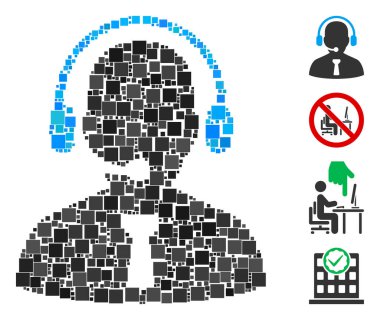 Kolaj resepsiyon operatörü simgesi rastgele boyutlarda ve renk renklerinde kare ögelerle birleşti. Vektör kare ögeleri soyut kolaj resepsiyon simgesi olarak düzenlenir. İkramiye piktogramları yerleştirildi.