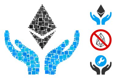 Kolaj Ethereum bakım el simgesi rastgele boyutlarda ve renk renklerinde kare elementlerden birleşti. Vektör kare parçaları soyut kolaj Ethereum bakım el simgesi olarak birleştirilir.