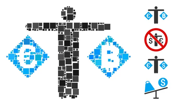Mosaico Persona Confrontare Euro Bitcoin Icona Costruita Elementi Quadrati Dimensioni — Vettoriale Stock