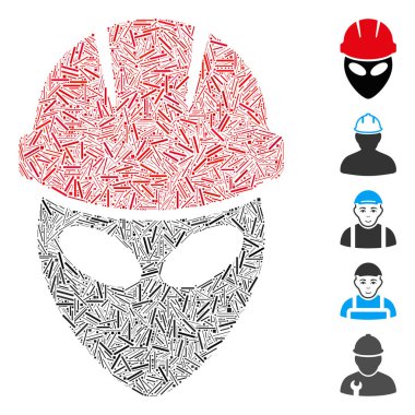 Değişken boyutlarda ve renklerde ince nesnelerden oluşan kapak kolajı uzaylı işçi simgesi. Vektör kapağı parçaları soyut mozaik uzaylı işçi simgesi olarak birleştirilir. İkramiye piktogramları eklendi.