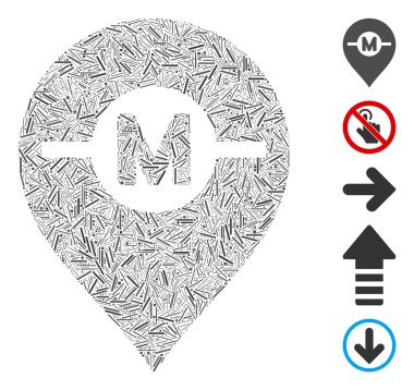 Çizgi kolaj motor işaretleyici simgesi çeşitli boyutlarda ve renk renklerinde dar nesnelerden oluşur. Vektör çizgisi parçaları soyut kolaj motor belirteç simgesi olarak birleştirilmiştir. İkramiye piktogramları yerleştirildi.