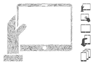 Doğrusal mozaik elde rastgele boyutlarda ve renk tonlarında düz nesnelerden tasarlanmış PDA simgesi bulunur. Vektör doğrusal ögeler soyut kolaj elde PDA simgesi olarak düzenlenir. İkramiye piktogramları yerleştirildi.