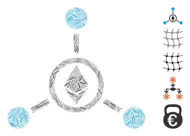 Doğrusal kolaj Ethereum ilişkileri simgesi çeşitli boyutlarda ve renk renklerinde dar elementlerden birleşti. Vektör doğrusal ögeler soyut illüstrasyon Ethereum ilişkileri simgesi olarak gruplandırılır.