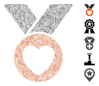 Hatch Kolaj Yardım Madalyası ikonu. Rastgele boyutlarda ve renk renklerinde düz nesnelerle birleştirilmiş. Vektör kapağı ögeleri soyut kolaj yardım madalyası ikonu olarak düzenlenir. İkramiye simgeleri eklendi.